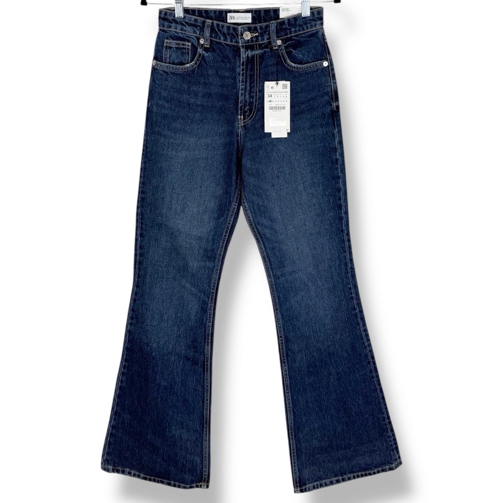 Zara Women Flare Leg Jeans Size 2 High Rise Dark Wash Festival Bohemian NWT